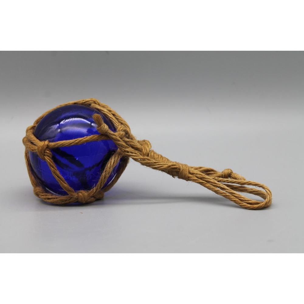 Vintage Cobalt Blue Glass Fishing Float 3" Rope Net Nautical Maritime Decor